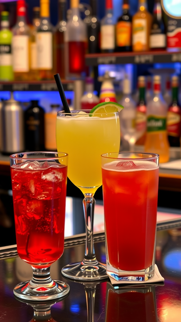 Three colorful cocktails on a bar counter