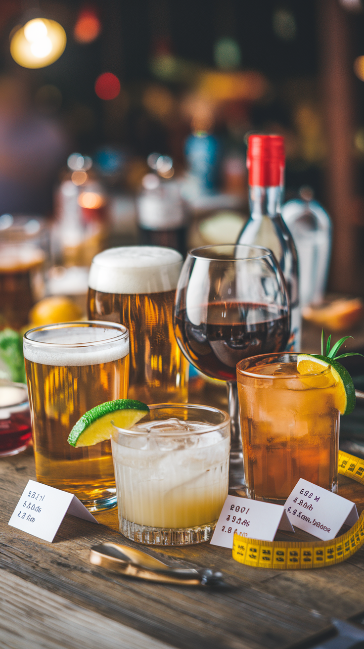 A variety of alcoholic drinks with calorie tags on a wooden table.