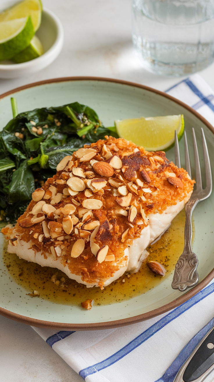 Almond-crusted tilapia with sautéed spinach and lime wedges on a plate.