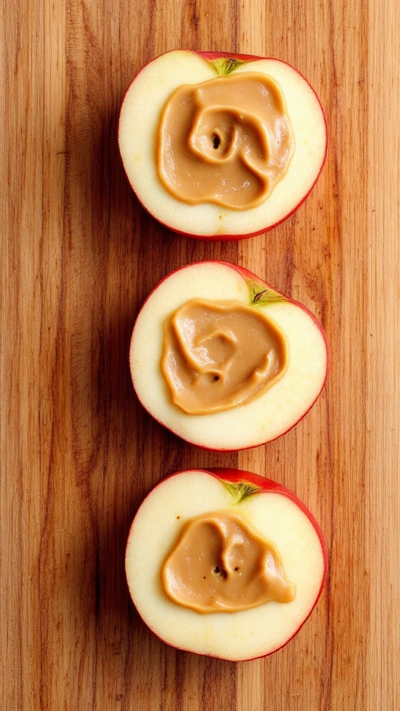 Apple slices topped with almond butter on a wooden cutting board.
