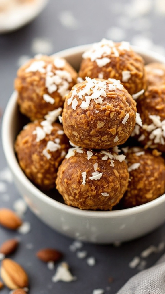 A bowl filled with almond butter energy balls topped with shredded coconut.