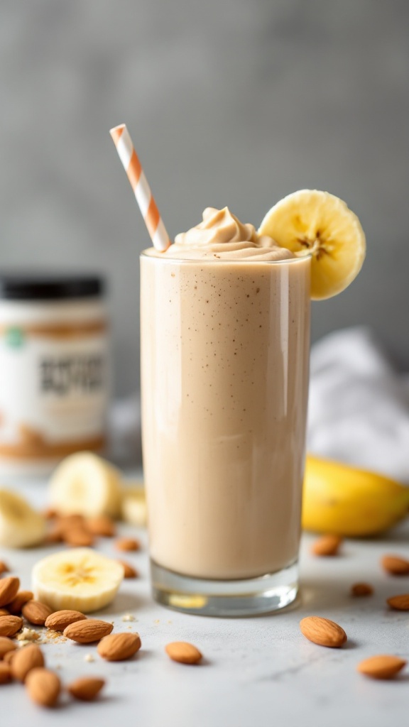 A creamy almond butter protein smoothie topped with whipped cream and a banana slice, surrounded by almonds and banana slices.