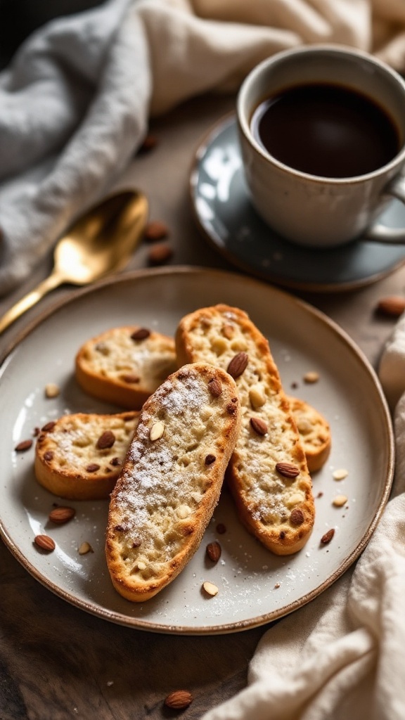 A plate of almond flour biscotti with coffee in the background