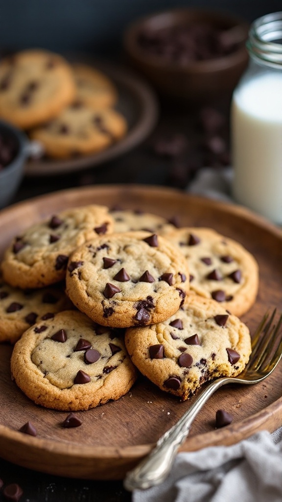 A plate of freshly baked almond flour chocolate chip cookies with chocolate chips on top and a glass of milk