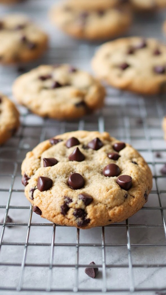 Freshly baked almond flour chocolate chip cookies on a cooling rack.