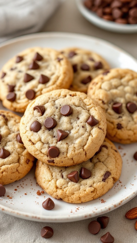 Plate of almond flour cookies topped with chocolate chips