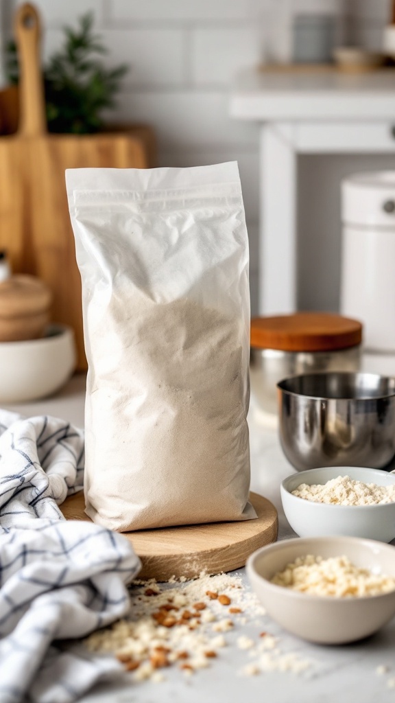 A bag of almond flour placed on a wooden surface with bowls of flour in the background.