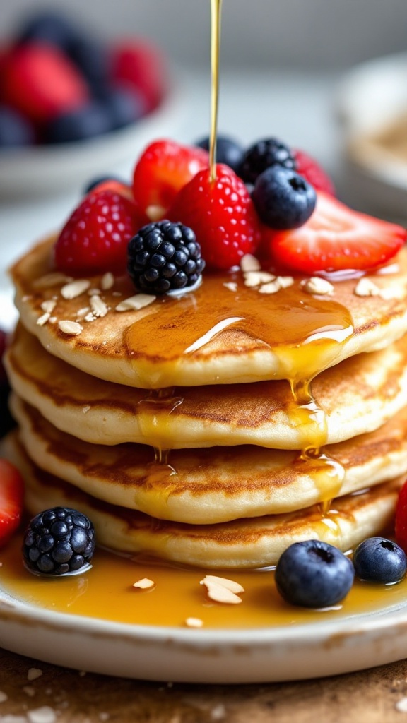 A stack of almond flour pancakes topped with fresh berries and syrup