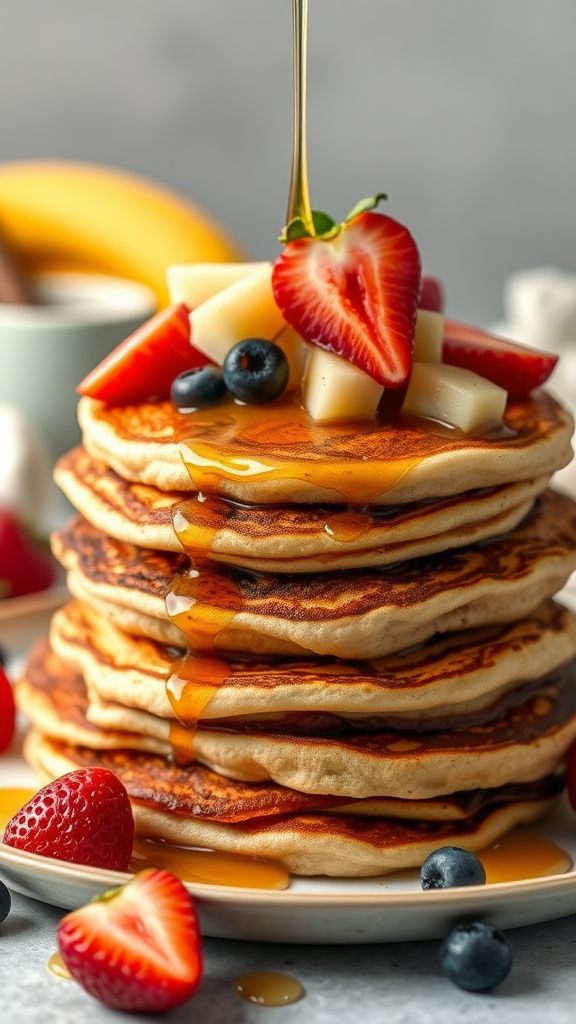 A stack of almond flour pancakes topped with strawberries, blueberries, and syrup.