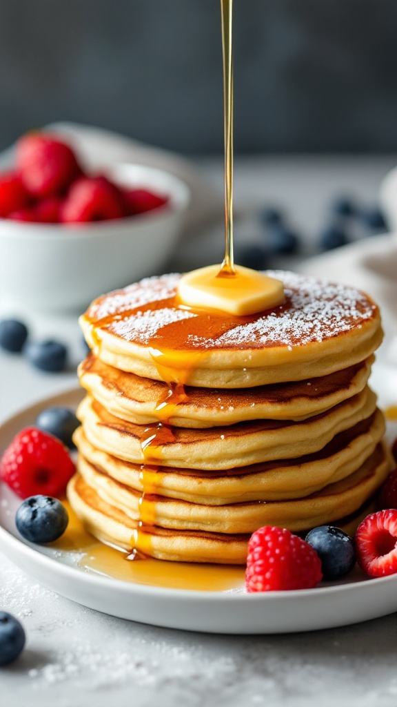 Stack of almond flour pancakes with syrup and berries