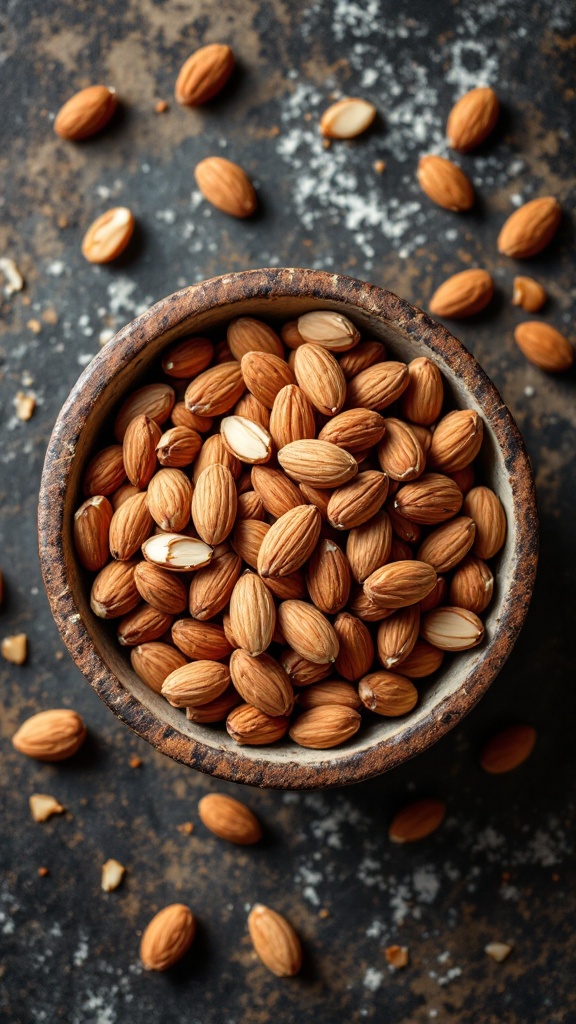 A bowl of raw almonds with some scattered around on a rustic surface.