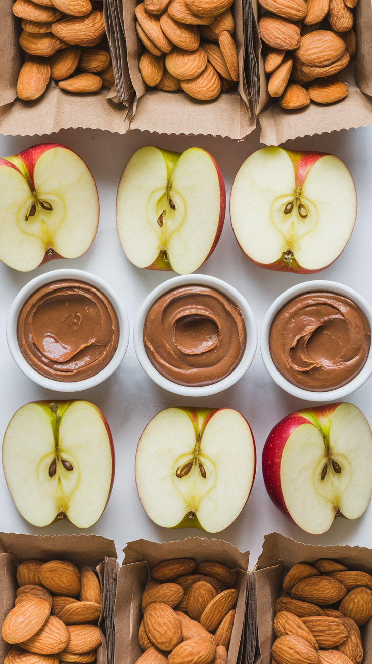 A layout of sliced apples, bowls of almond butter, and stacks of almonds.