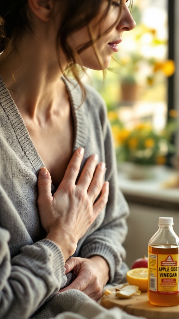 A woman placing her hand on her chest, possibly experiencing heartburn, with a bottle of apple cider vinegar nearby.