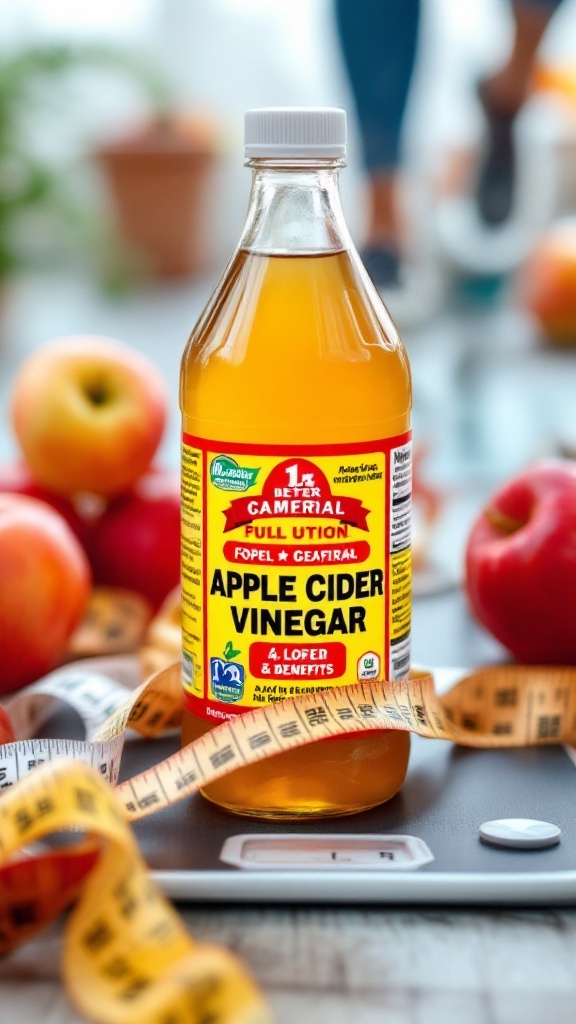 A bottle of apple cider vinegar with fresh apples and a measuring tape, representing health and weight loss.