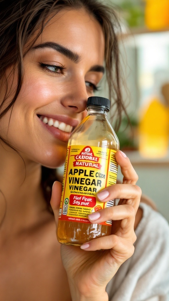 A woman smiling while holding a bottle of apple cider vinegar, showcasing its potential skincare benefits.