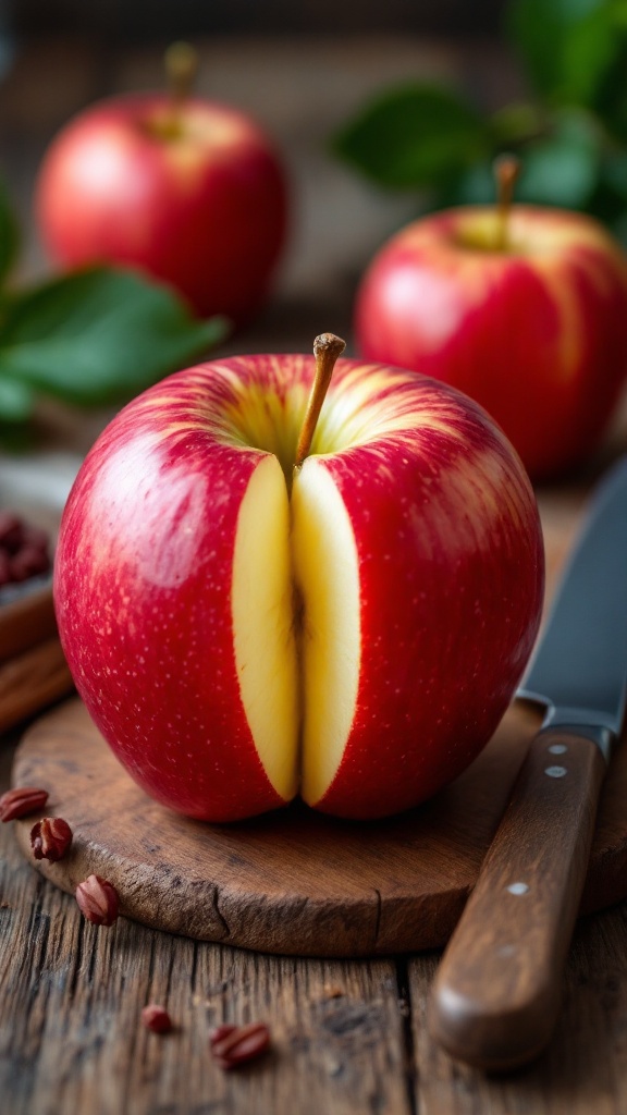 A shiny red apple cut in half, revealing its yellow flesh, on a wooden cutting board