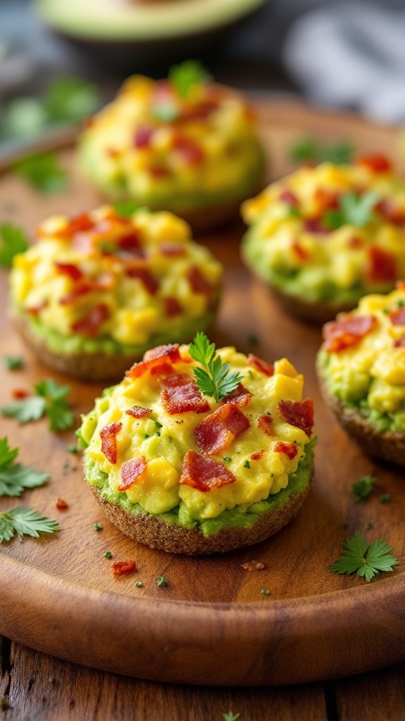 Delicious avocado and bacon bites topped with cilantro on a wooden platter.