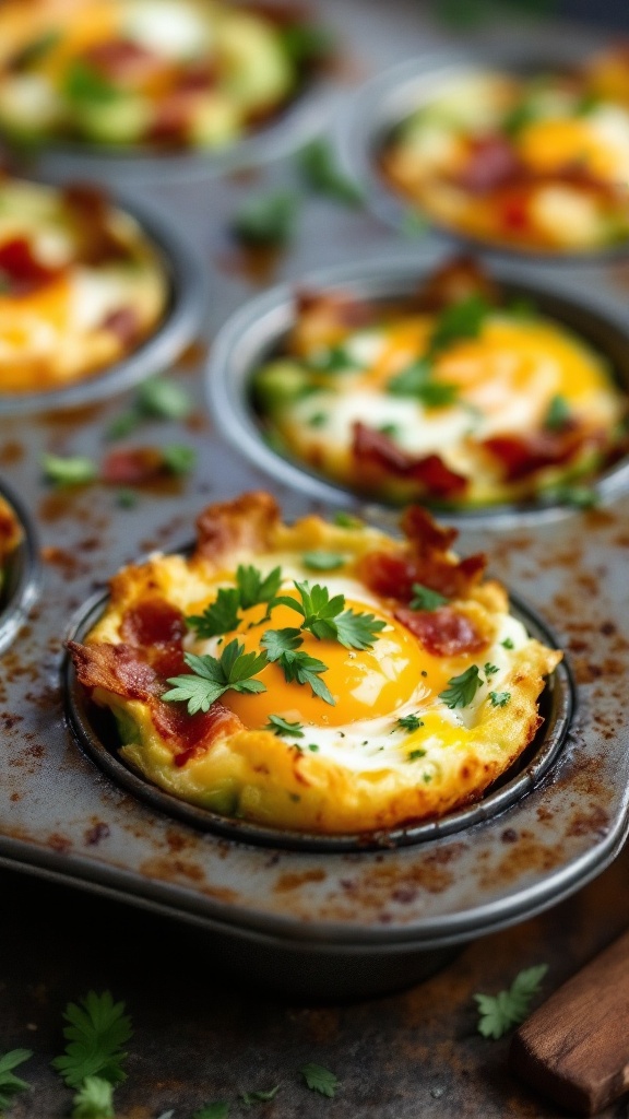 Baked avocado and bacon egg cups with herbs on top