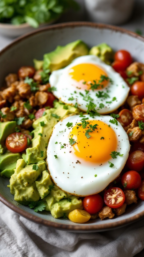 A breakfast bowl containing avocado, fried eggs, cherry tomatoes, and herbs.