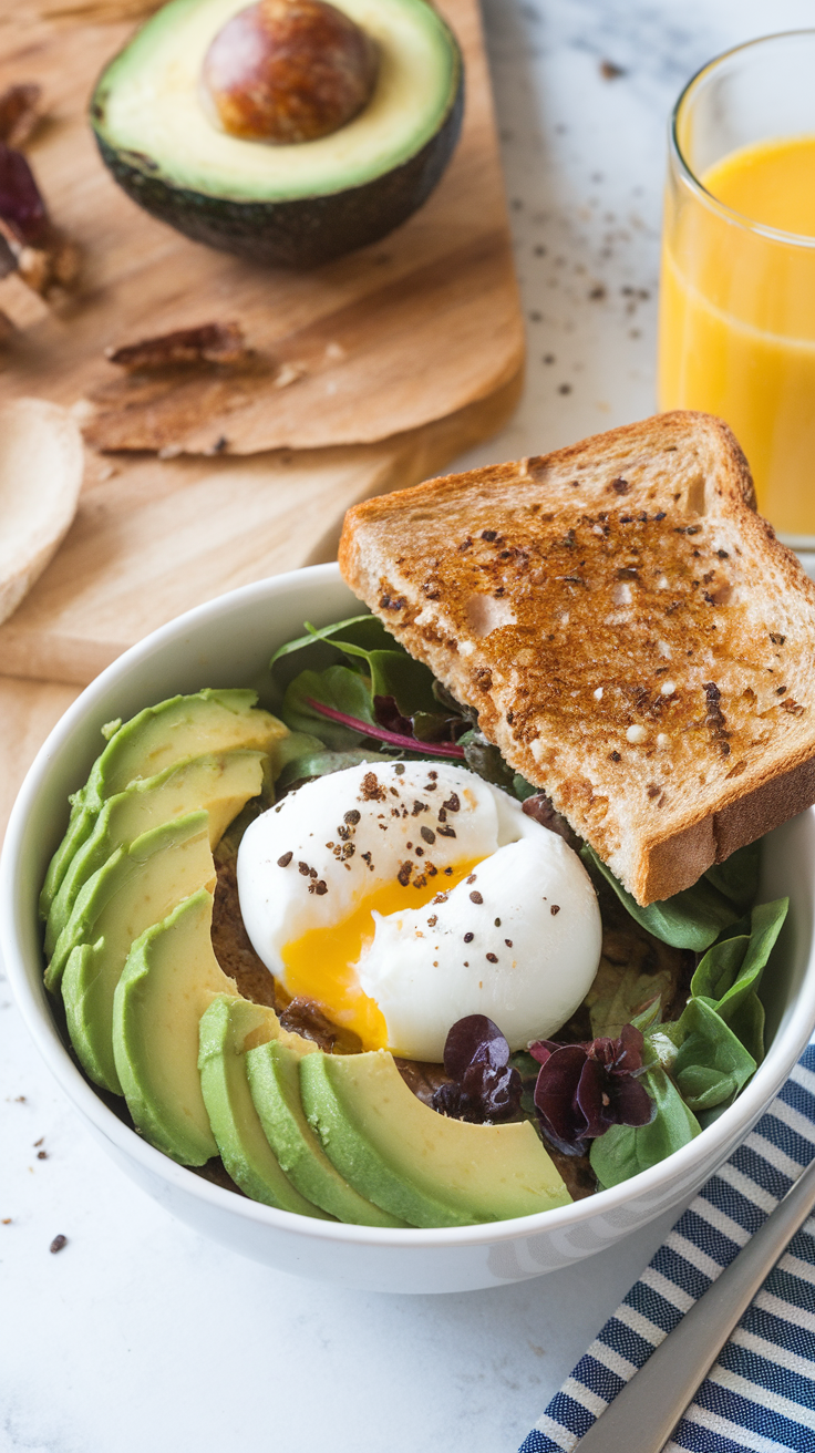 A breakfast bowl featuring avocado slices, a poached egg, and toast, with orange juice in the background