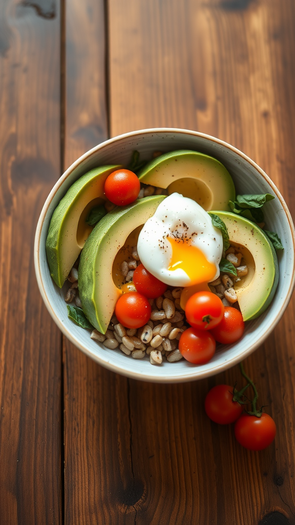 A vibrant breakfast bowl with avocado, cherry tomatoes, and a poached egg on a wooden table.