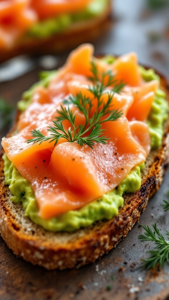 A slice of whole grain toast topped with avocado and smoked salmon, garnished with dill.