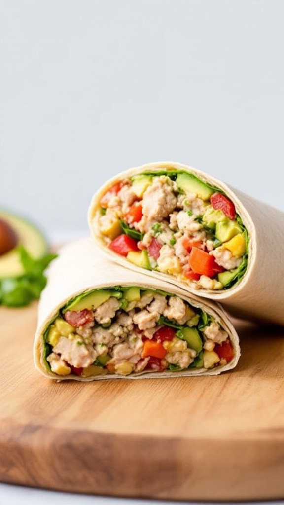 A close-up of an avocado and tuna salad wrap, cut in half to show the colorful filling.