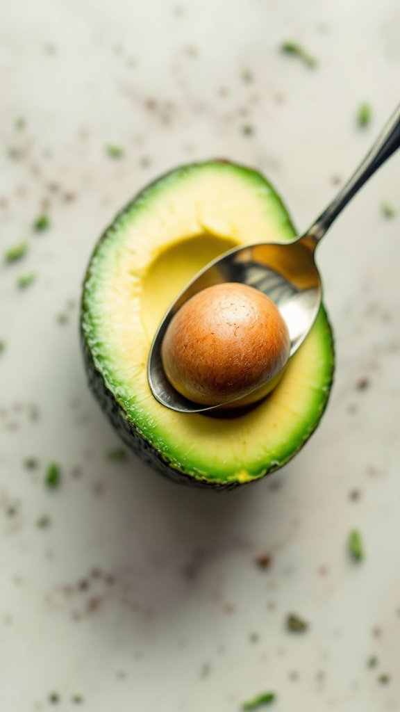 A halved avocado with a spoon holding its pit, showcasing the green flesh and dark skin.