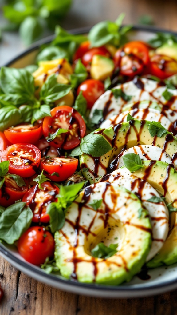 A colorful Avocado Caprese Salad with sliced avocados, cherry tomatoes, and fresh basil drizzled with balsamic glaze.