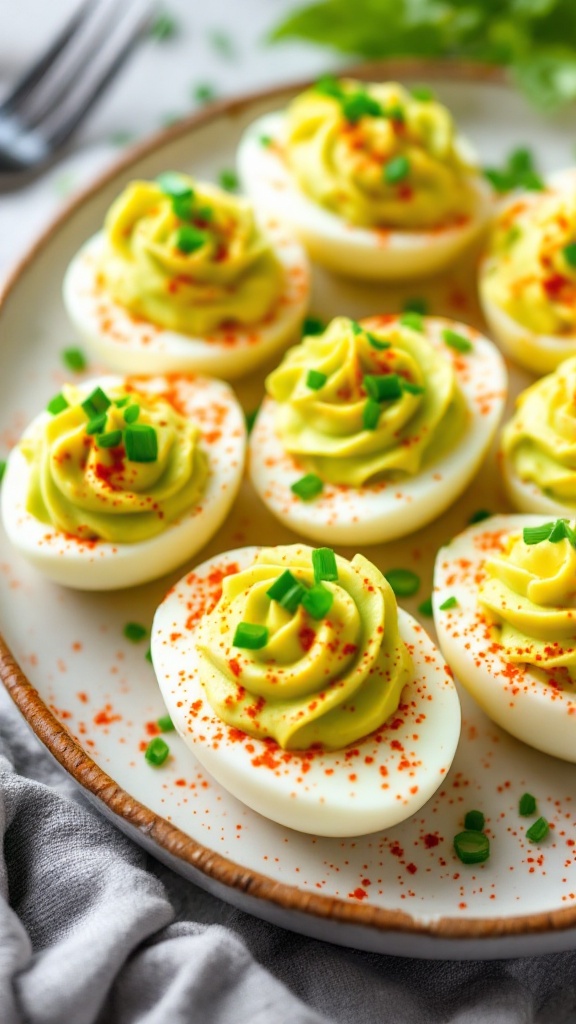 A plate of avocado deviled eggs topped with chives and paprika