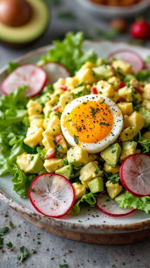 A colorful avocado egg salad with diced avocado, radishes, and a soft-boiled egg on top, served on a bed of leafy greens.