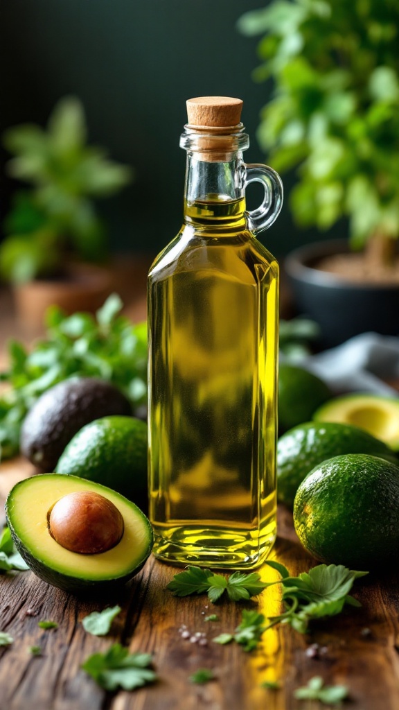 A bottle of avocado oil with fresh avocados and herbs on a wooden surface