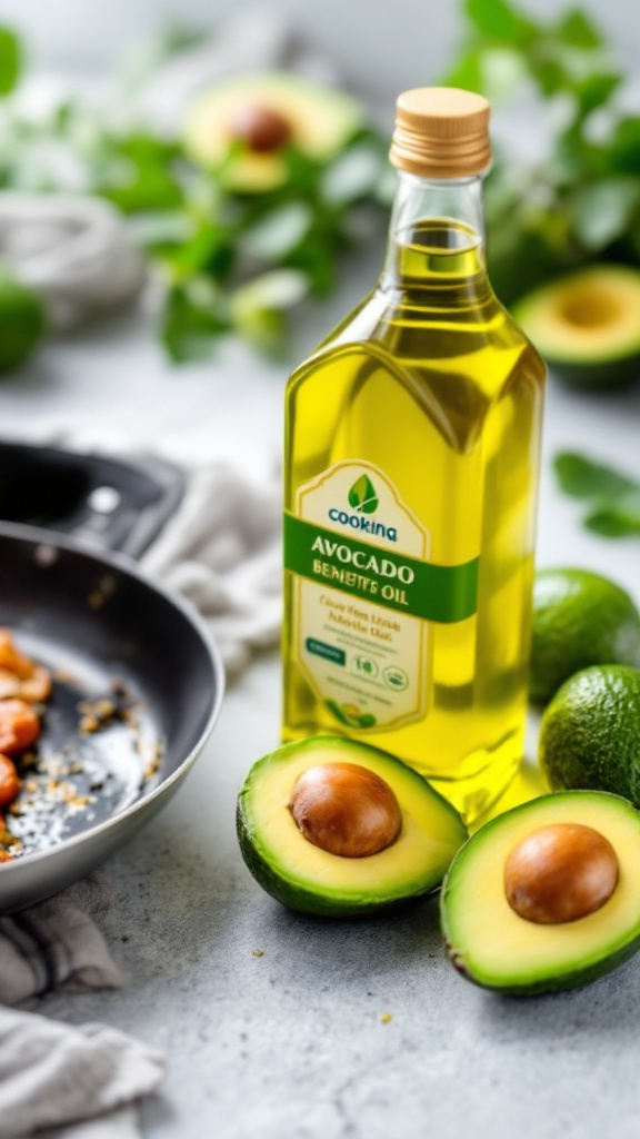 Bottle of avocado oil beside sliced avocados and a frying pan