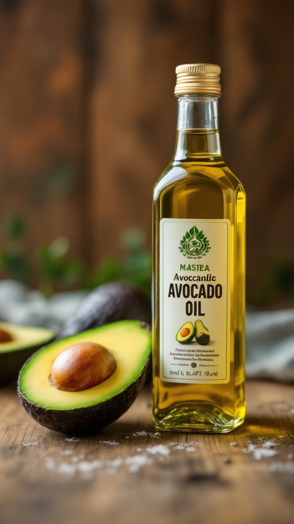 A bottle of avocado oil next to a halved avocado on a wooden surface.