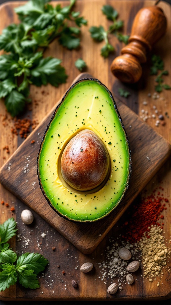 A halved avocado with a brown pit on a wooden cutting board surrounded by spices and fresh herbs.