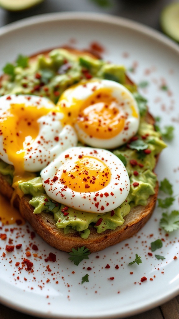 A plate of avocado toast topped with two poached eggs, sprinkled with chili flakes and cilantro.
