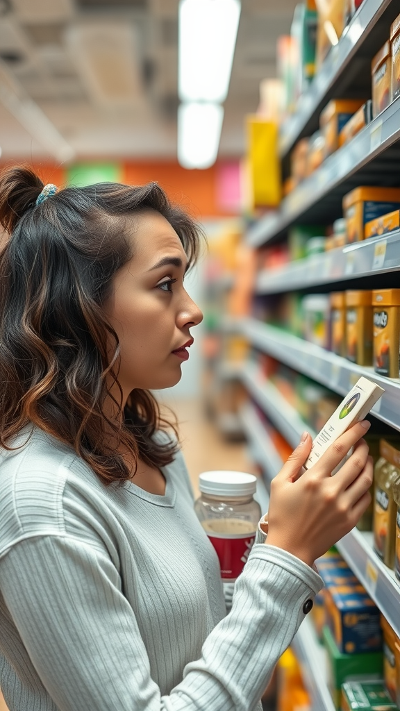 A woman in a grocery store examining a product on the shelf.