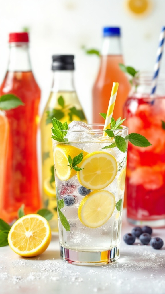 A refreshing glass of lemon-infused sparkling water with mint leaves, surrounded by colorful bottles of various beverages.