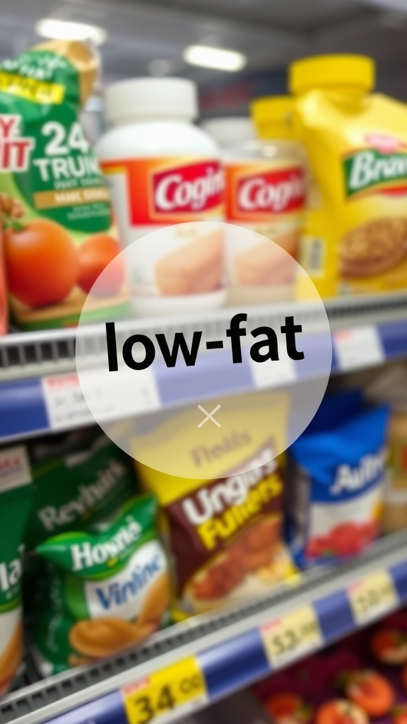 Various food items with a 'low-fat' label displayed on a grocery shelf.