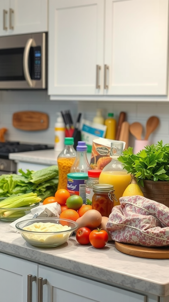 A kitchen counter filled with fresh vegetables, fruits, and homemade ingredients.