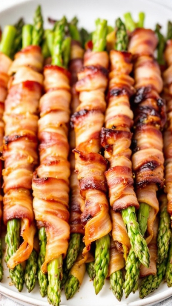 A plate of bacon-wrapped asparagus, with each spear perfectly coated in crispy bacon.