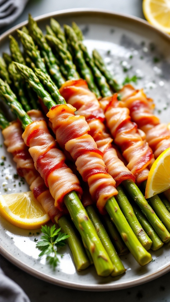 Plate of bacon-wrapped asparagus with lemon slices