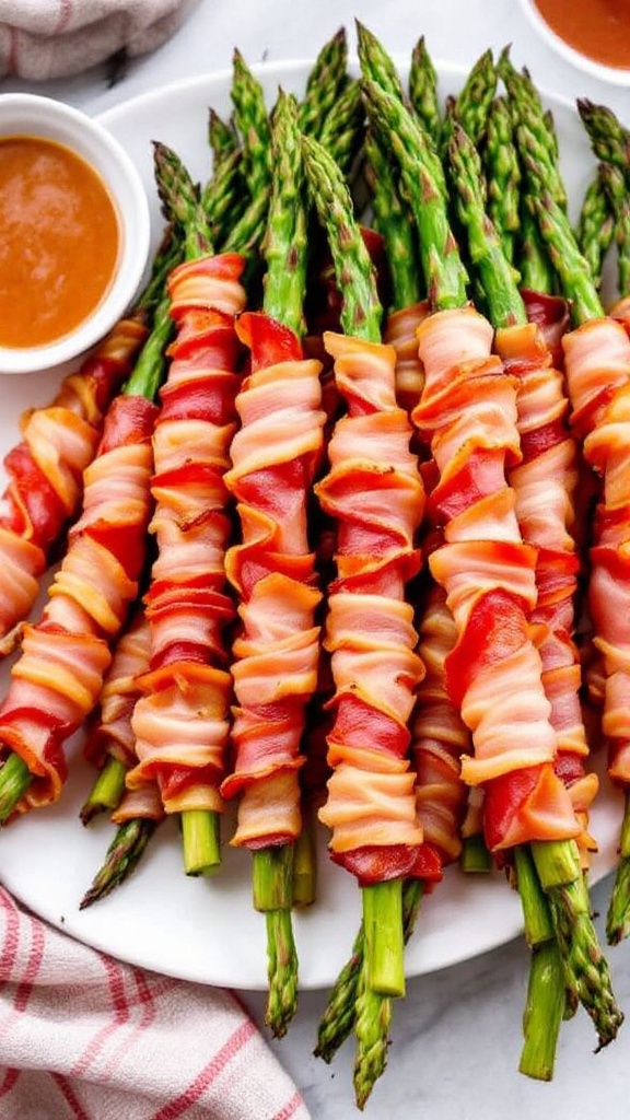 A plate of bacon-wrapped asparagus spears with dipping sauce.