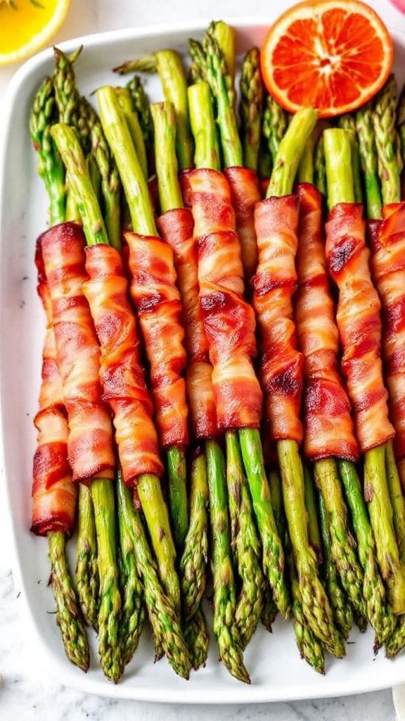 A platter of bacon-wrapped asparagus spears garnished with orange slices