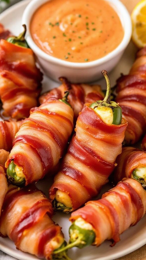 A plate of bacon-wrapped jalapeño poppers with a creamy dipping sauce.