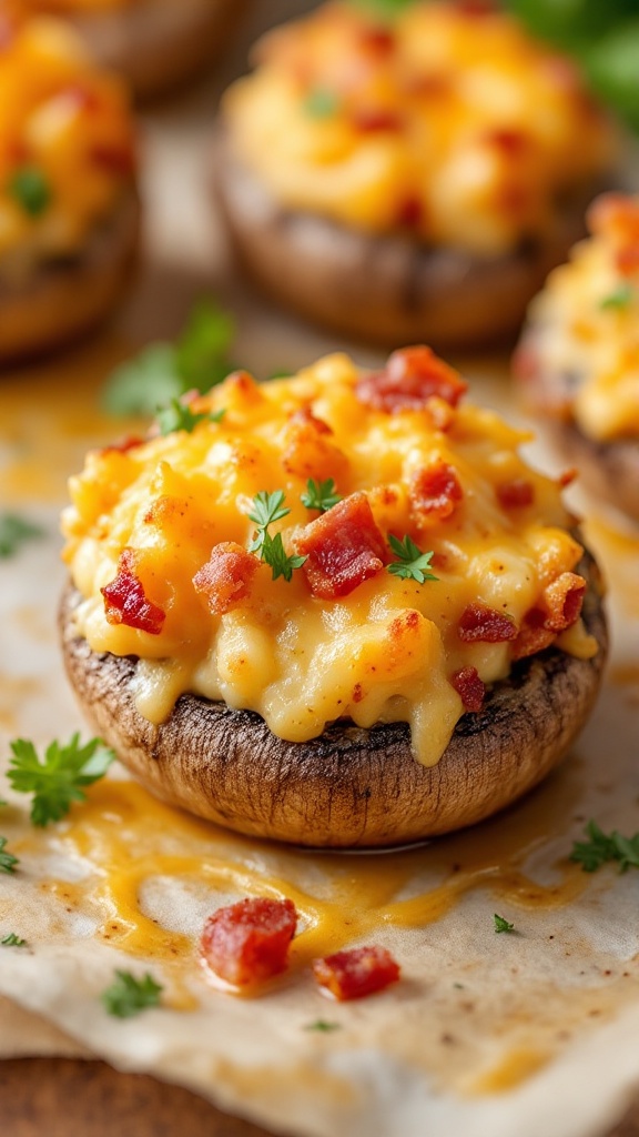 Delicious bacon and cheese stuffed mushrooms topped with parsley