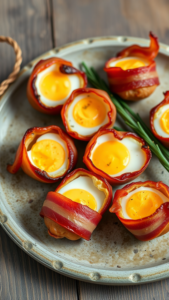 Three bacon and egg breakfast cups arranged on a plate with herbs.