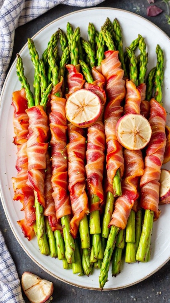 A plate of bacon wrapped asparagus with lemon slices on top.