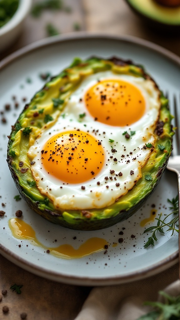 A plate of baked avocado eggs with two sunny-side-up eggs in avocado halves, garnished with herbs and spices.