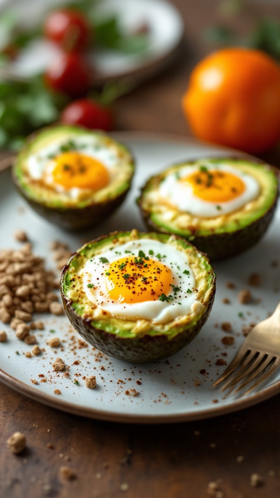 Baked avocado eggs on a plate with garnishes.